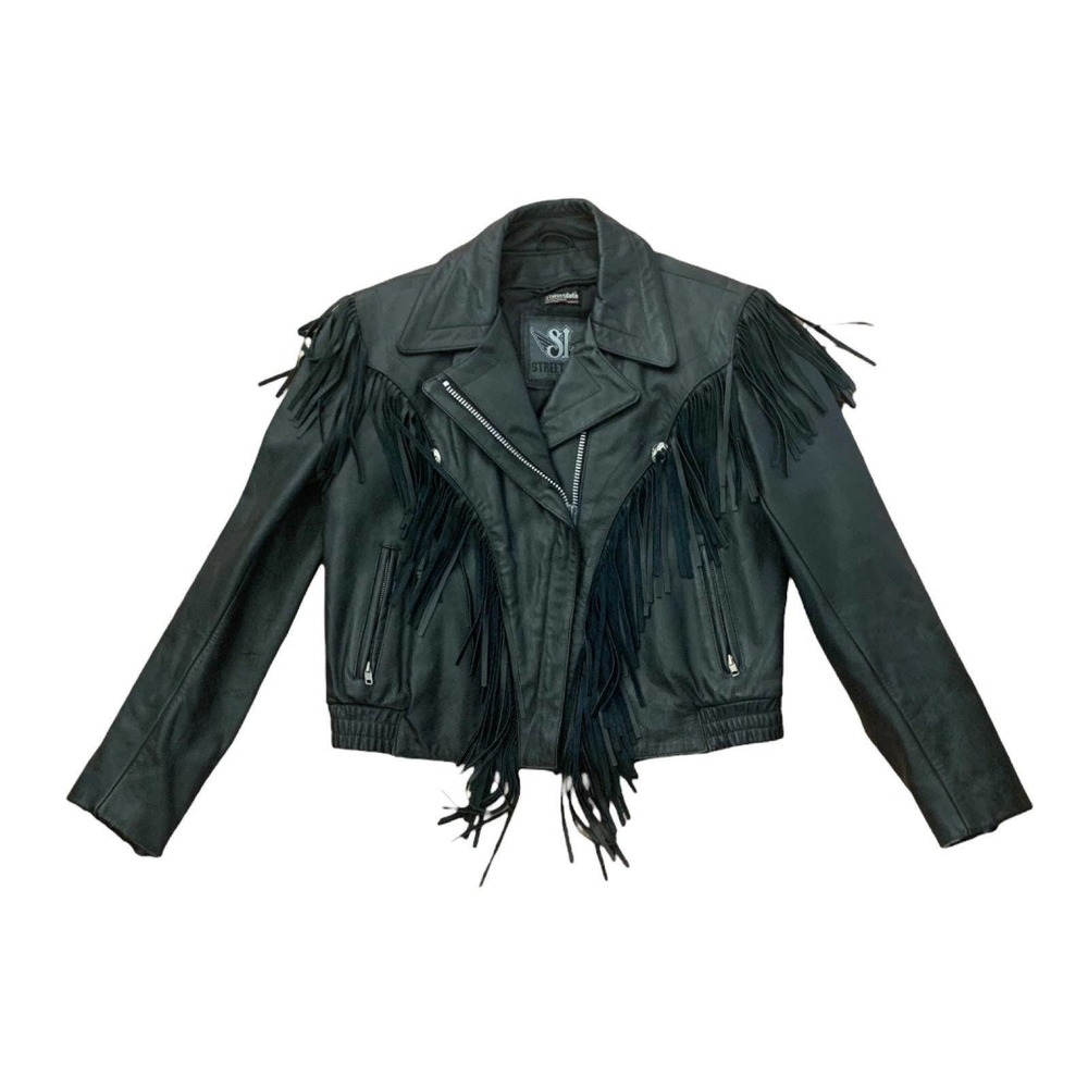 Black leather fringe street legal two piece jacket vest womens size 10 medium